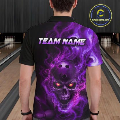 Man wearing a black bowling polo shirt featuring a flaming skull with glowing orange eyes, purple smoke effects, and custom “TEAM NAME” text.