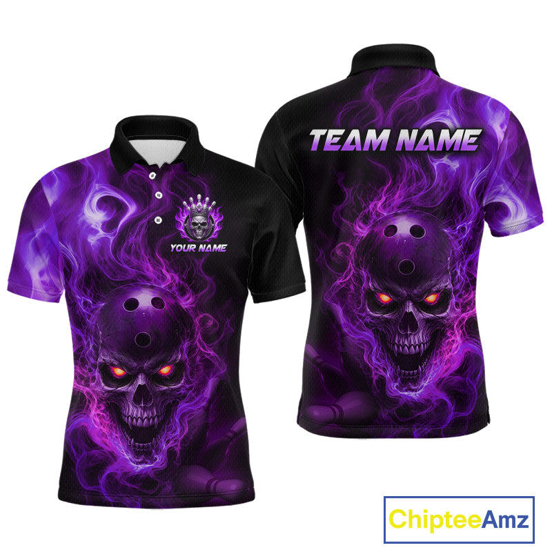 Front and back views of a black bowling polo shirt featuring a flaming skull with glowing orange eyes, purple smoke effects, and custom “TEAM NAME” and “YOUR NAME” text.
