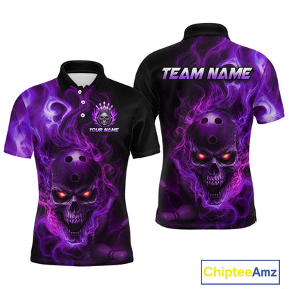 Front and back views of a black bowling polo shirt featuring a flaming skull with glowing orange eyes, purple smoke effects, and custom “TEAM NAME” and “YOUR NAME” text.