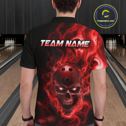 Person wearing a black bowling polo shirt featuring a flaming skull with glowing red eyes, red smoke effects, and custom “TEAM NAME” text.