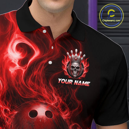 Black polo shirt with red flame design and skull logo, featuring 'Your Name' text, on a dark background.
