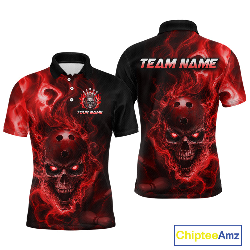 Front and back views of a black bowling polo shirt featuring a flaming skull with glowing red eyes, red smoke effects, and custom “TEAM NAME” and “YOUR NAME” text.