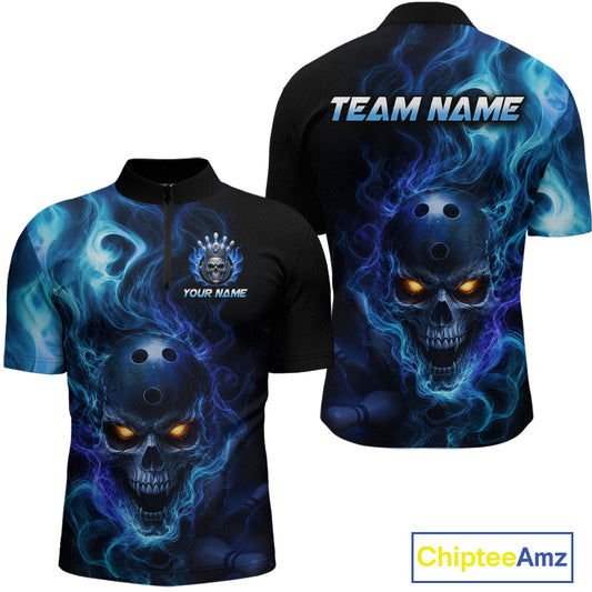 Front and back views of a black bowling  quarter zip shirt featuring a flaming skull with glowing orange eyes, blue smoke effects, and custom “TEAM NAME” and “YOUR NAME” text.
