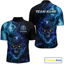 Load image into Gallery viewer, Front and back views of a black bowling  quarter zip shirt featuring a flaming skull with glowing orange eyes, blue smoke effects, and custom “TEAM NAME” and “YOUR NAME” text.