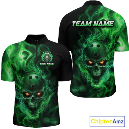 Front and back views of a black bowling quarter zip shirt featuring a flaming skull with glowing orange eyes, green smoke effects, and custom “TEAM NAME” and “YOUR NAME” text.