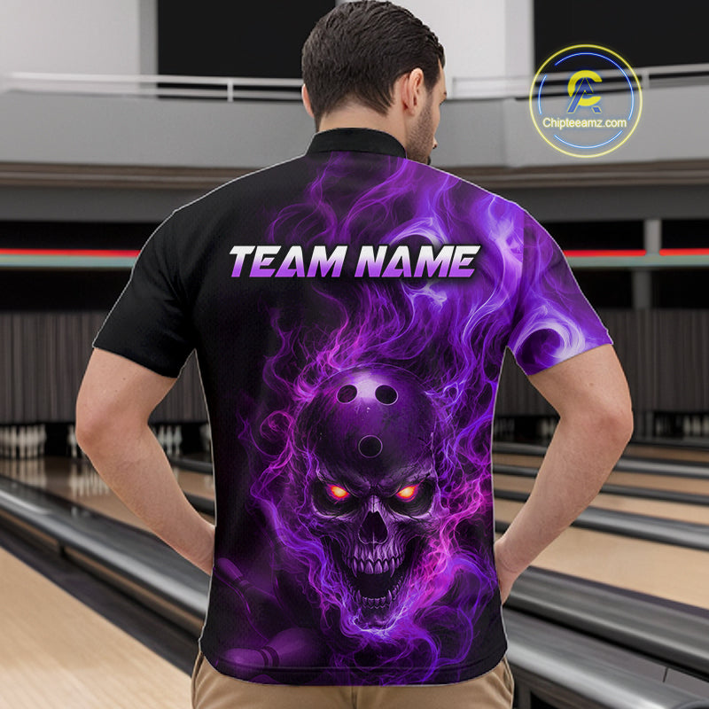 Man wearing a black bowling quarter zip shirt featuring a flaming skull with glowing orange eyes, purple smoke effects, and custom “TEAM NAME” text.