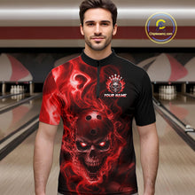 Load image into Gallery viewer, Man wearing a black bowling quarter zip shirt featuring a flaming skull with glowing red eyes, red smoke effects, and custom “YOUR NAME” text.