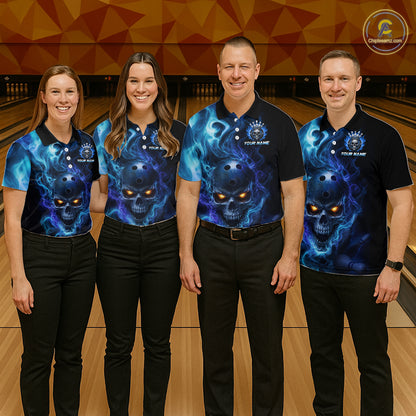 Four people wearing matching blue and black shirts with a skull design on a bowling alley.