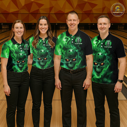 Four people wearing matching green and black shirts with a skull design on a bowling alley.