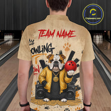 Load image into Gallery viewer, A man viewed from behind wearing a beige short-sleeve button-up shirt with a large graphic print of a bulldog in a yellow jacket holding a red bowling ball, with 'TEAM NAME' and 'HOWLING' text on a bowling alley background.