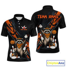 Load image into Gallery viewer, Front and back views of a black Halloween bowling polo featuring a raccoon wearing an orange bandana, ghost and pumpkin accents, bowling pins and ball, with personalized name and team name text.