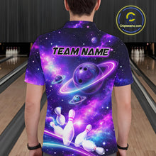 Load image into Gallery viewer, Man wearing a purple galaxy bowling quarter zip with ringed planet bowling balls, white pins, and custom team name text.