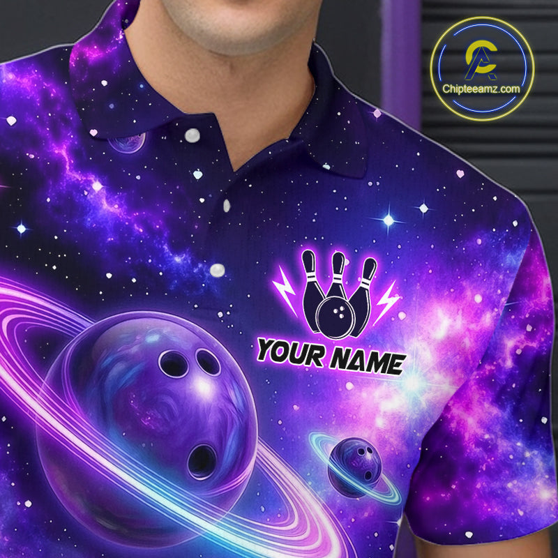 Man wearing a purple galaxy bowling polo with ringed planet bowling balls, white pins, and custom player name text.