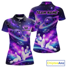Load image into Gallery viewer, Front and back views of a purple galaxy bowling polo with ringed planet bowling balls, white pins, and custom team and player name text.