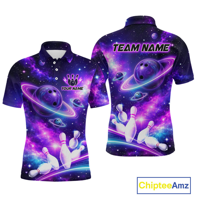 Front and back views of a purple galaxy bowling polo with ringed planet bowling balls, white pins, and custom team and player name text.