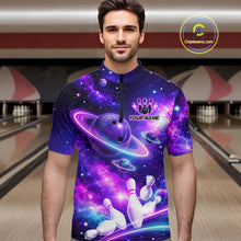 Load image into Gallery viewer, Man wearing a purple galaxy bowling quarter zip with ringed planet bowling balls, white pins, and custom team and player name text.