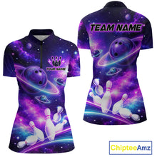 Load image into Gallery viewer, Front and back views of a purple galaxy bowling quarter zip with ringed planet bowling balls, white pins, and custom team and player name text.