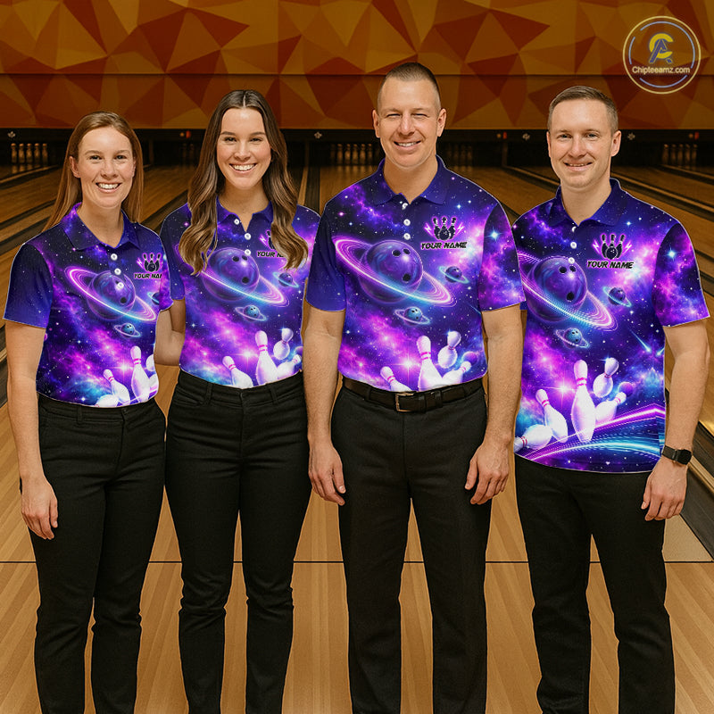 Four people wearing a purple galaxy bowling polo with ringed planet bowling balls, white pins, and custom player name text.