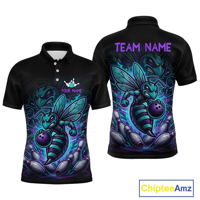 Front and back views of a black bowling polo with teal and purple bee graphics, custom team text, bowling pins, and a purple bowling ball.