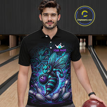 Load image into Gallery viewer, Man wearing a black bowling polo with teal and purple bee graphics, custom team text, bowling pins, and a purple bowling ball.