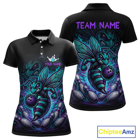 Front and back views of a black bowling polo with teal and purple bee graphics, custom team text, bowling pins, and a purple bowling ball.