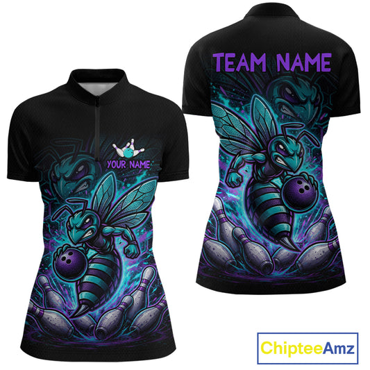 Front and back views of a black bowling quarter zip with teal and purple bee graphics, custom team text, bowling pins, and a purple bowling ball.