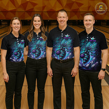 Load image into Gallery viewer, Four people wearing black bowling polo with teal and purple bee graphics, custom team text, bowling pins, and a purple bowling ball.