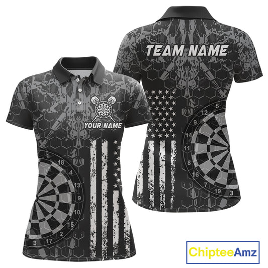 Front and back darts polo shirt featuring dartboard graphics blended with a american flag flag pattern on a black gray background.