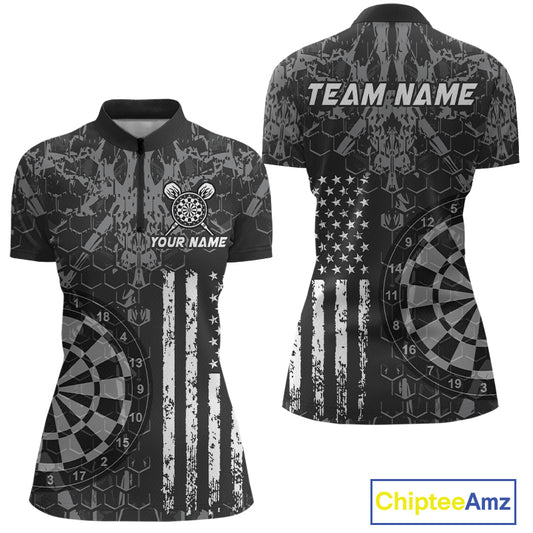 Front and back darts quarter zip shirt featuring dartboard graphics blended with a american flag flag pattern on a black gray background.