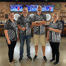 Load image into Gallery viewer, Four people wearing darts polo shirt featuring dartboard graphics blended with a american flag flag pattern on a black gray background.