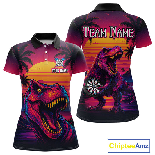 Front and back darts polo shirt featuring a dinosaur holding a dartboard with sunset and palm tree artwork on a colorful background.