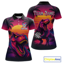 Load image into Gallery viewer, Front and back darts polo shirt featuring a dinosaur holding a dartboard with sunset and palm tree artwork on a colorful background.