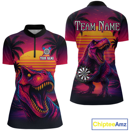 Front and back darts quarter zip shirt featuring a dinosaur holding a dartboard with sunset and palm tree artwork on a colorful background.