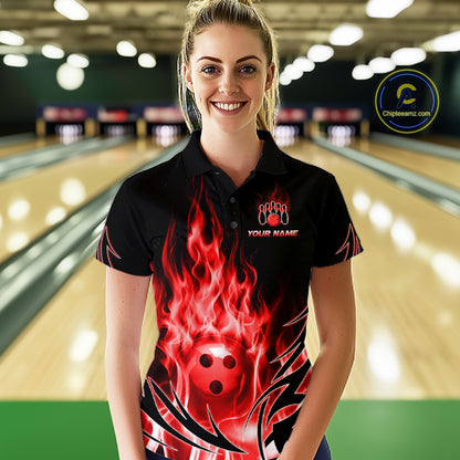 Custom Red Flame Bowling Jersey for Women Bowling Team Shirts Bowling League HNT469