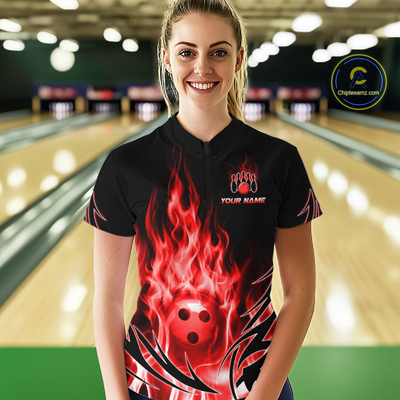 Custom Red Flame Bowling Jersey for Women Bowling Team Shirts Bowling League HNT469