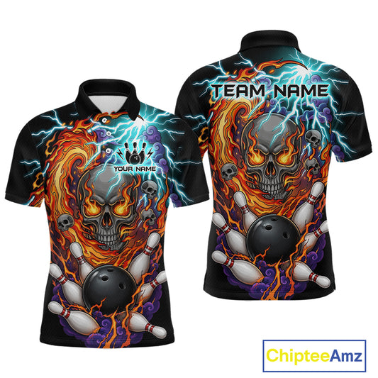 Front and back views of a black bowling polo featuring a flaming skull graphic, lightning effects, bowling pins, and a black bowling ball, with custom team and player name text.