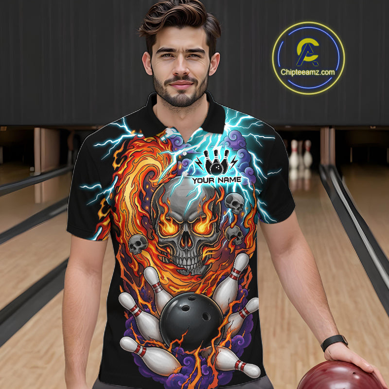 Man wearing a  black bowling polo featuring a flaming skull graphic, lightning effects, bowling pins, and a black bowling ball, with custom player name text.