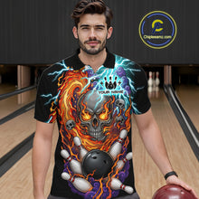 Load image into Gallery viewer, Man wearing a  black bowling polo featuring a flaming skull graphic, lightning effects, bowling pins, and a black bowling ball, with custom player name text.