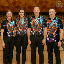 Load image into Gallery viewer, Four people wearing black bowling polo featuring a flaming skull graphic, lightning effects, bowling pins, and a black bowling ball, with custom name text.