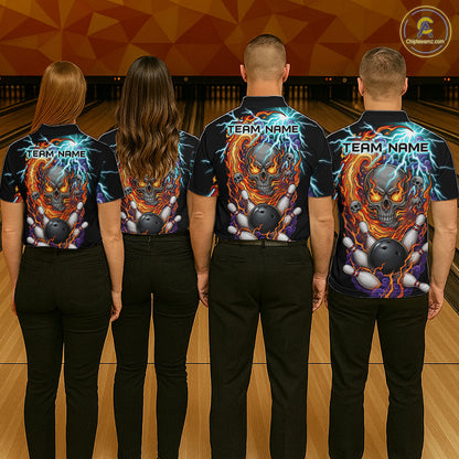 Four people wearing black bowling polo featuring a flaming skull graphic, lightning effects, bowling pins, and a black bowling ball, with custom name text.