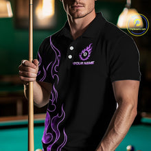 Load image into Gallery viewer, Men wearing billiards polo shirt featuring an eight ball design surrounded by flowing purple flame graphics on a black background.