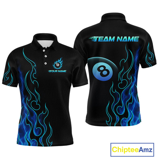 Front and back billiards polo shirt featuring an eight ball design surrounded by flowing blue flame graphics on a black background.