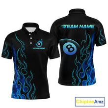 Load image into Gallery viewer, Front and back billiards polo shirt featuring an eight ball design surrounded by flowing blue flame graphics on a black background.