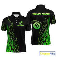 Load image into Gallery viewer, Front and back billiards polo shirt featuring an eight ball design surrounded by flowing green flame graphics on a black background.