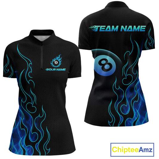 Front and back billiards quarter zip shirt featuring an eight ball design surrounded by flowing blue flame graphics on a black background.