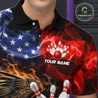 Custom Smoke US Flag Eagle Bowling Jersey for Men Bowling Team Shirts Bowling League Polo & 1/4 Zip HNT472