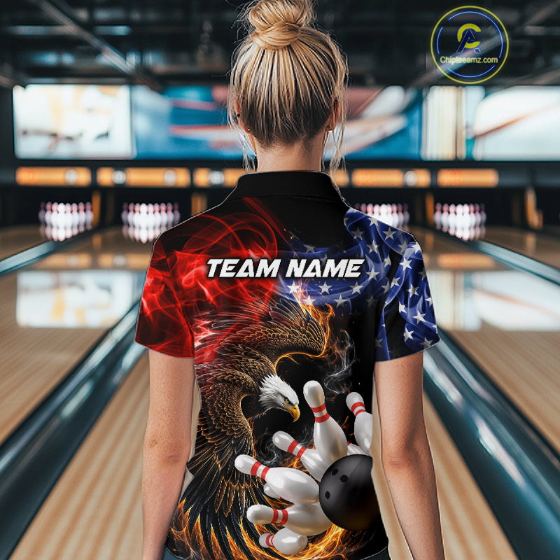Custom Smoke US Flag Eagle Bowling Jersey for Women Bowling Team Shirts Bowling League Polo & 1/4 Zip HNT472