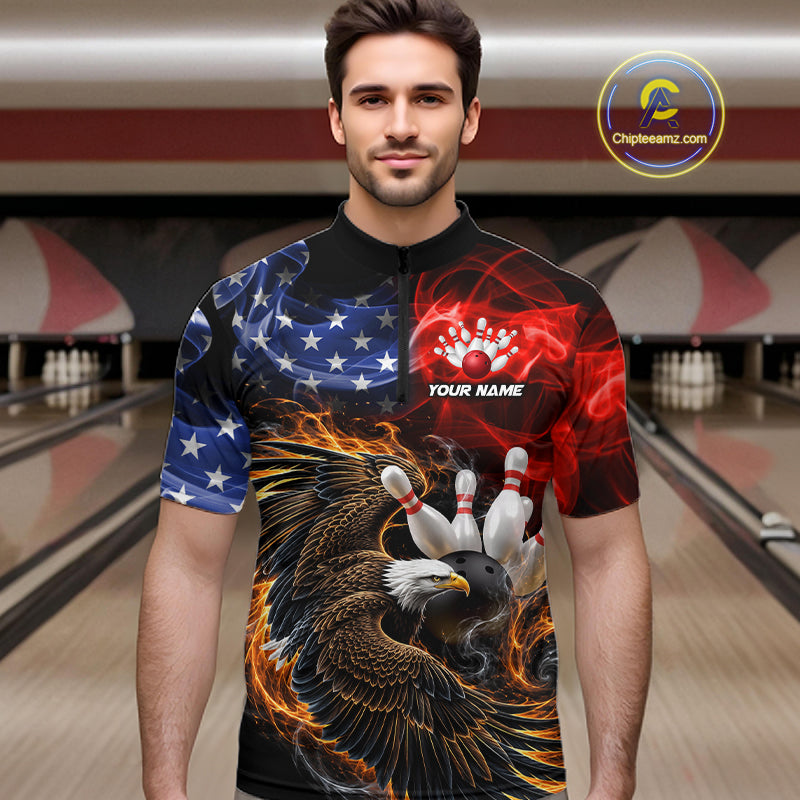 Custom Smoke US Flag Eagle Bowling Jersey for Men Bowling Team Shirts Bowling League Polo & 1/4 Zip HNT472