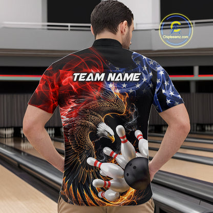 Custom Smoke US Flag Eagle Bowling Jersey for Men Bowling Team Shirts Bowling League Polo & 1/4 Zip HNT472