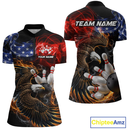 Custom Smoke US Flag Eagle Bowling Jersey for Women Bowling Team Shirts Bowling League Polo & 1/4 Zip HNT472